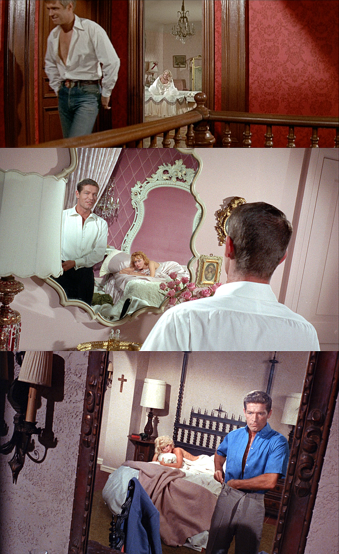 Post-coital reflections: George Peppard and Carroll Baker in "The Carpetbaggers" and Stephen Boyd, Eleanor Parker, and Elke Sommer in "The Oscar."