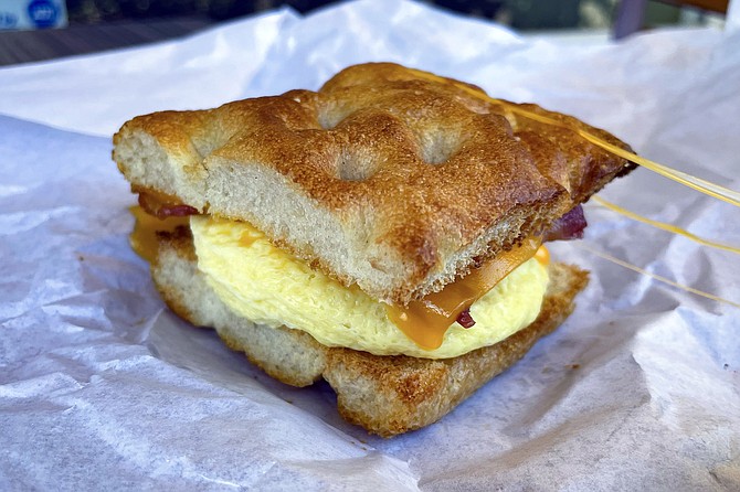 The "Basic" breakfast sandwich, with bacon on foccacia