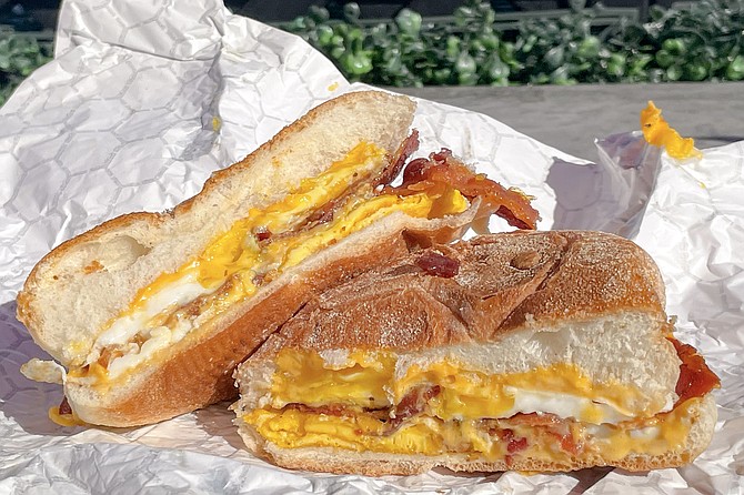 A breakfast sandwich from ghost kitchen Bodega Brothers