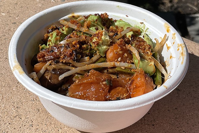 Salmon poke with black garlic gochujang sauce