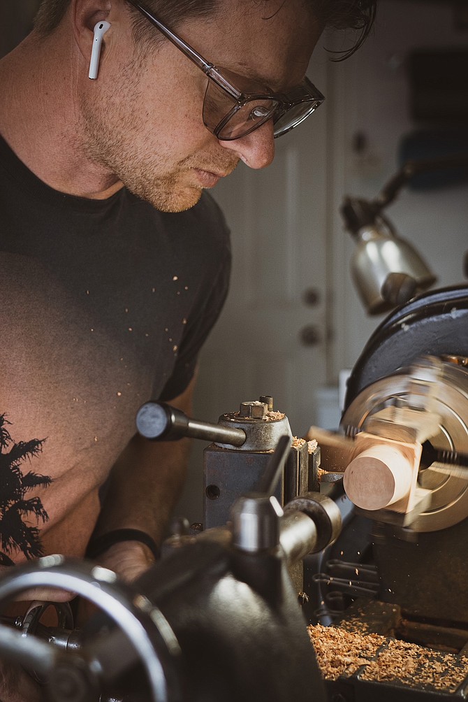 Turning a pipe bowl on the lathe.