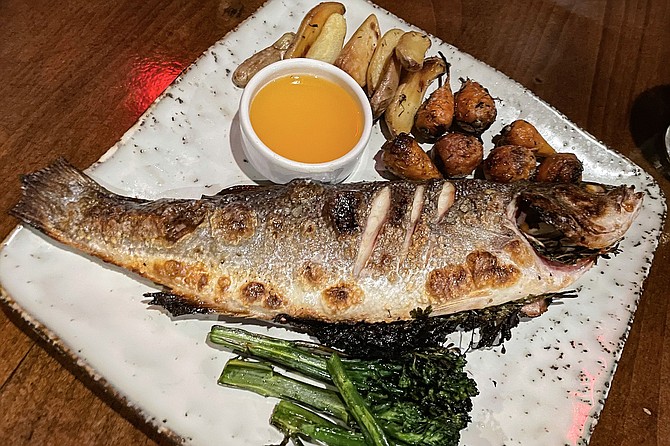 Roasted branzino, with roasted vegetables and broccolini