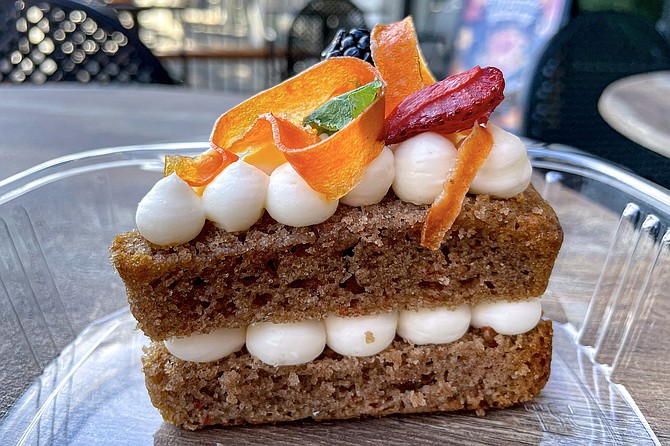 A slice of carrot cake from Smoked and Tasty