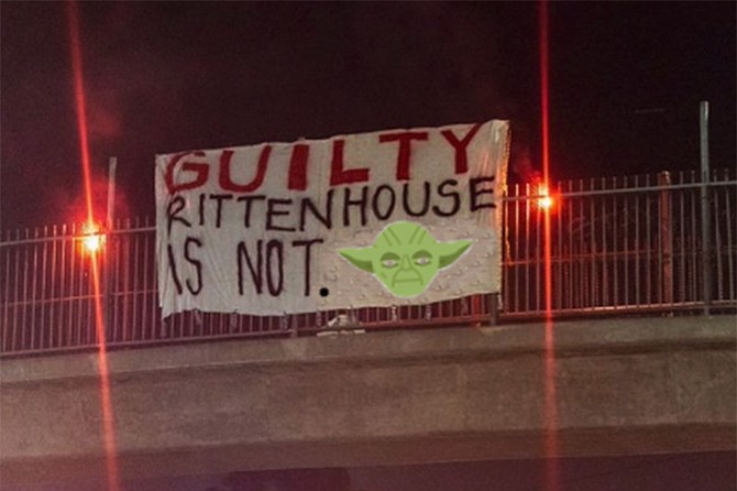 Protest sign after alteration by syntactically challenged Jedi master to reflect confidence in America’s jury system of rule of law.