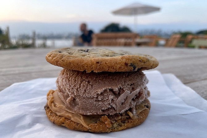 An ice cream sandwich from Summer Afternoons, sold from the cart, or the Superbloom cafe