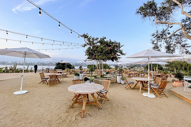 The expansive, bay view patio at Mission Bay Beach Club