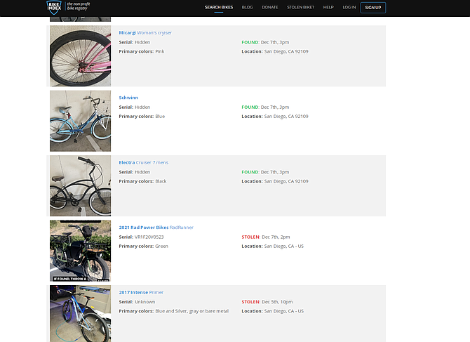 Screenshot from Bike Index of recent bikes reported stolen in San Diego