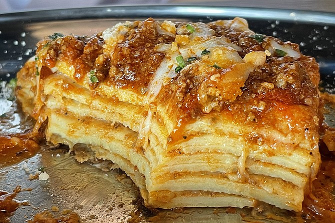 Six layers of pasta in a Bolognese lasagna