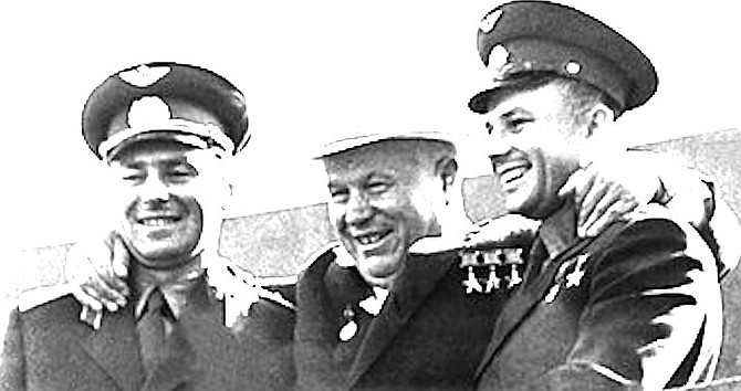 Gherman Titov, Nikita Khrushchev and Yuri Gagarin at Red Square in Moscow, 20 November 1961