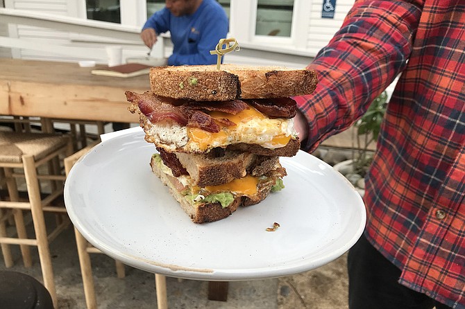 Mike takes out a Breakfast Sando ($13). Not cheapest, but really good ingredients