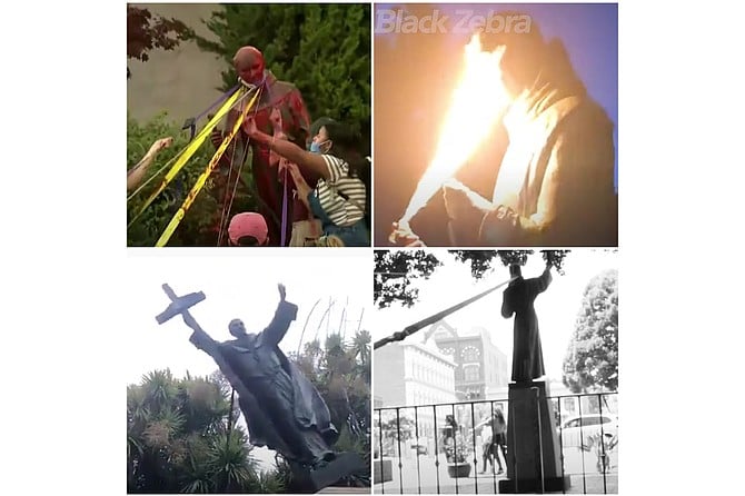 No room for the cross in the public square: over the past two years, numerous statues of St. Serra have been toppled from their pedestals in public places. Clockwise from upper left: San Gabriel, Sacramento, Los Angeles, San Francisco. Elsewhere, as in Ventura and even at the San Luis Obispo mission, the statue was simply removed and placed elsewhere. And of course, Junipero Serra High in Tierrasanta was recently renamed Canyon Hills High School.