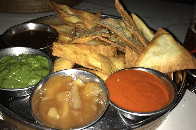 Chutney choice: tamarind, mint, mango, red hot spicy.