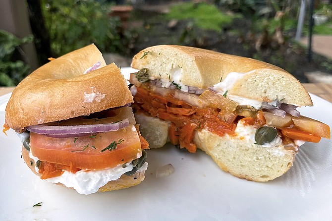 A vegan lox sandwich, wherein salmon is replaced by carrot