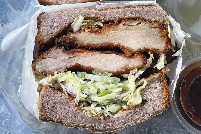 Panko encrusted chicken cutlets on purple-tinted ube milk bread