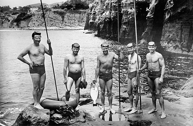 The original Bottom Scratchers—1939 La Jolla Caves area: Glen Orr, Jack Corbaly, Ben Stone, Bill Batzloff, Jack Prodanovich.