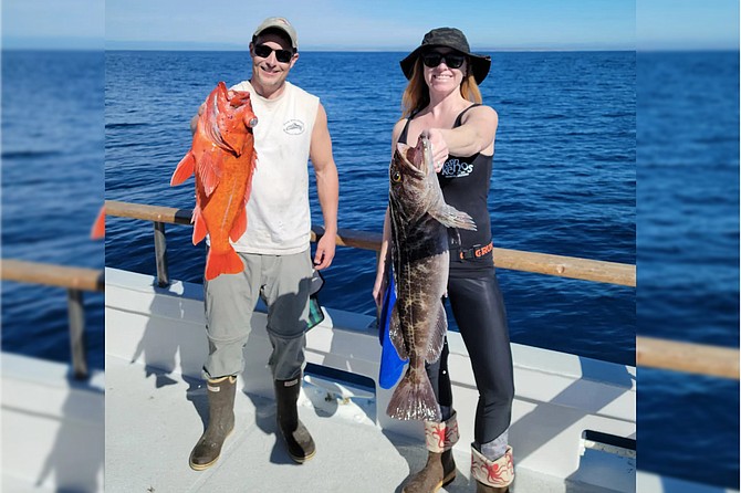 A quality lingcod and good-sized vermilion rockfish caught by this happy pair of anglers while fishing aboard the Tribute off the northern Baja coast.