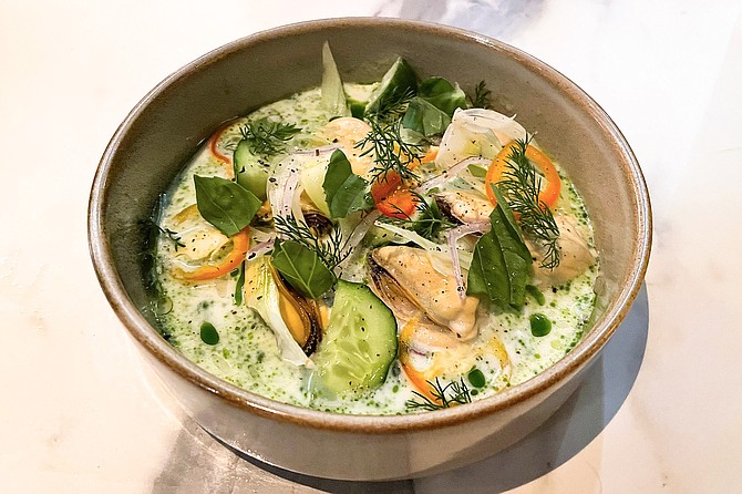 Mussels escabeche, swimming in coconut, thai basil, and lemon verbena