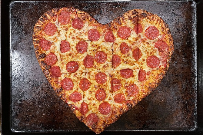A heart-shaped pepperoni pizza from Bambino's Pizza & Deli