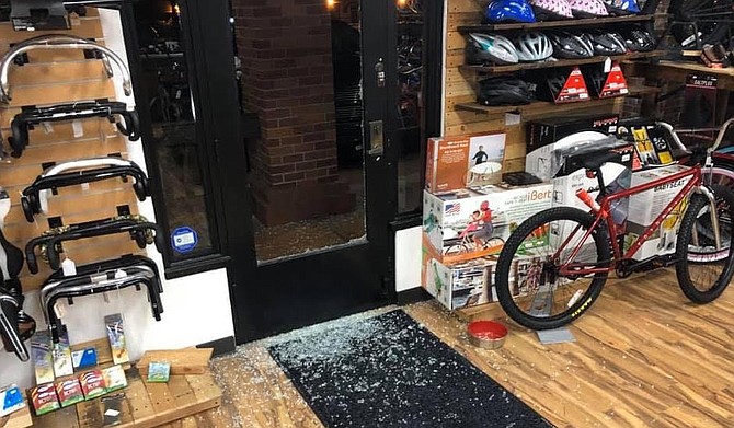Rick's bike shop after 2020 break-in. "Two bikes were stolen, and only one was recovered. A homeless man living in the alley spotted it and brought it back to us."