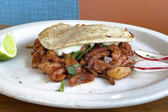 An al pastor rojo mulita, sort of a cross between a taco and cheese melt