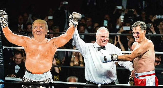 Republican National Committee Chairman Buford Lunk grimaces in apparent pain as he raises the gold-lamé glove of a victorious Donald Trump while simultaneously pushing pleading challenger (and former champ) Mitt Romney out of the ring.