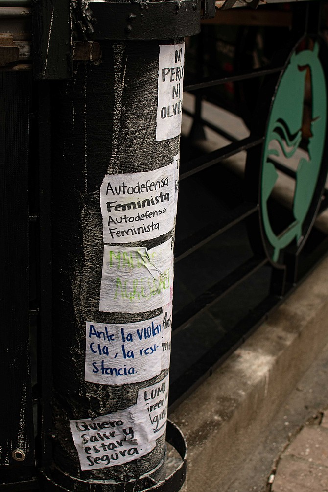 From top to bottom: "Don't forgive, don't forget," "Feminist self-defense," (in blue): "In the face of violence, resistance," "I want to go out and be safe."