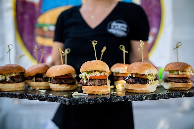 Tray of burger samples at Burgers & Beer event