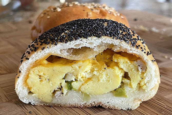 A look inside a sausage, egg, and cheddar kolache