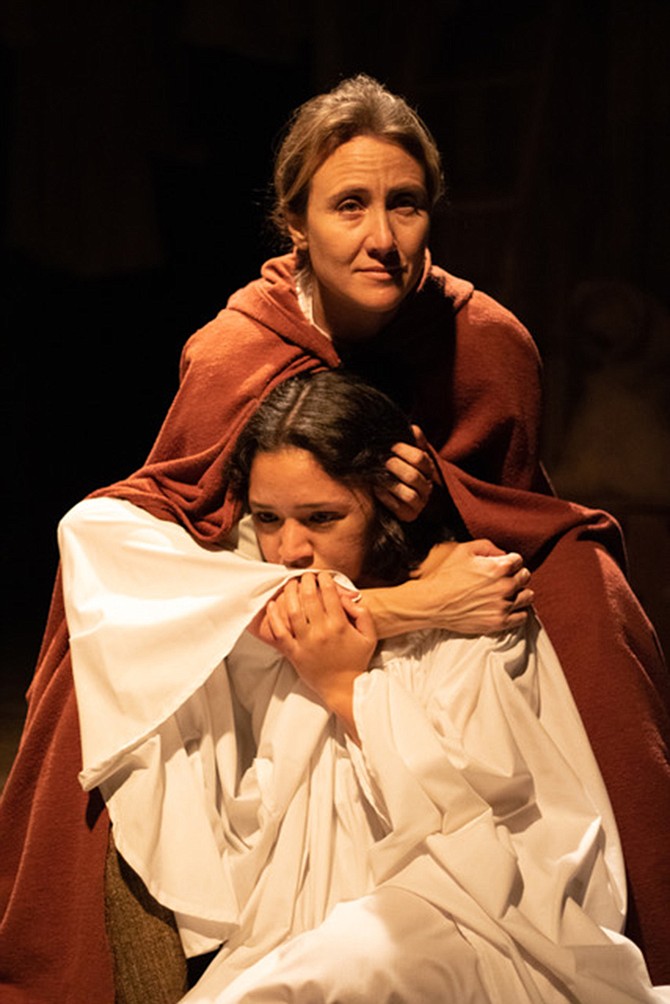 Jennifer Eve Thorn(Isabelle Arc) consoles Mikaela Rae Macias(Joan Arc) her daughter in Mother of the Maid.