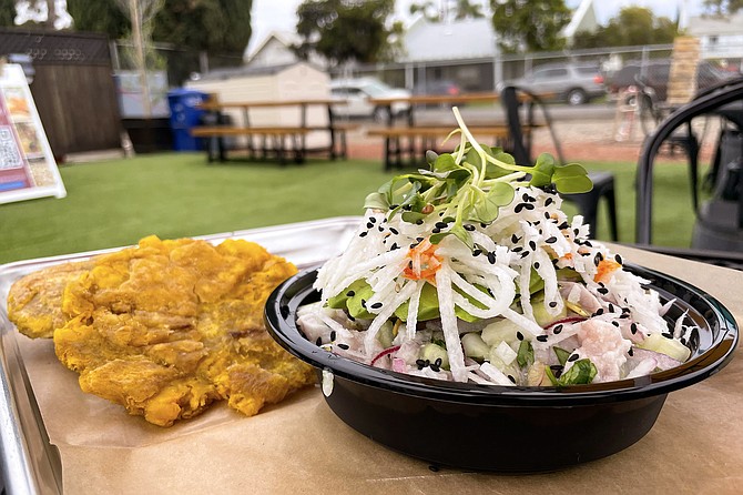 Local rockfish in a Peruvian style ceviche, served with Caribbean-style fried plantain tostones
