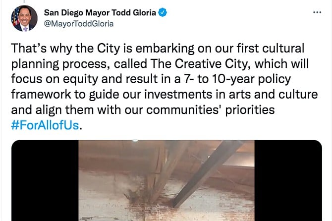 San Diego mayor Todd Gloria is out looking for a “qualified consultant or team of consultants” to run a “comprehensive cultural planning process that will culminate in a ‘Creative City’ Cultural Plan for San Diego.”