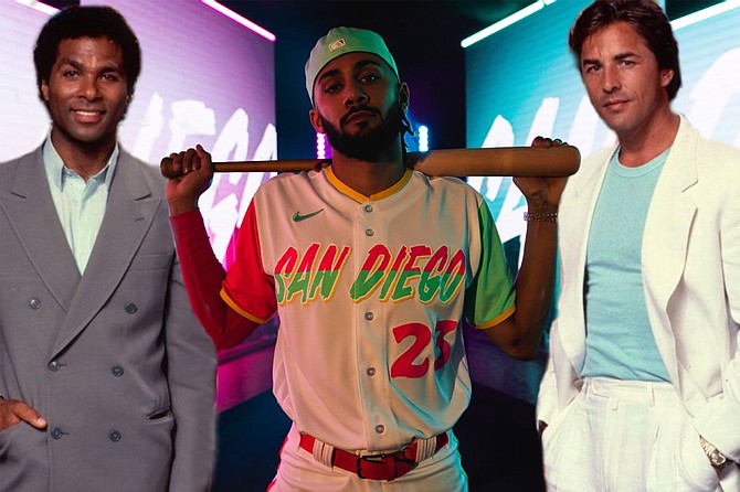 The team’s new City Connect uniform, seen here with its designers, Ricardo Tubbs (left) and Sonny Crockett (right), seeks to honor the city’s south-of-the-border influences, including what Padres CEO Erik Greener calls the “good portion of our roster that’s from Latin America and the Caribbean. These colors are certainly evocative of that culture.” The team will wear the uniforms for Friday home games for the remainder of the season.