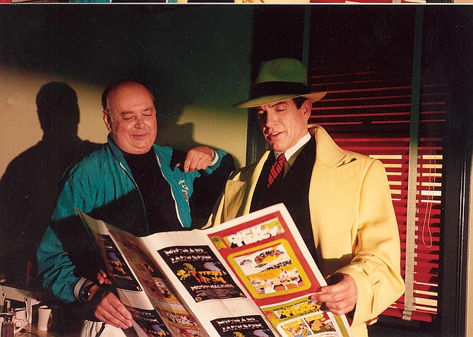On the set of the 1990 Dick Tracy film, Shel Dorf shows Warren Beatty some Blackthorne proofsheets for the locally published Dick Tracy comic strip reprint series