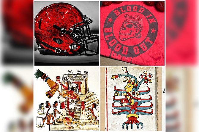 Clockwise from upper left: new SDSU football helmet, featuring Aztec calendar, Sons of Montezuma T-shirt that just maybe references human sacrifice, Mother Goddess Toci, to whom women were sacrificed by being flayed alive after being sexually abused, illustration of Aztec human sacrifice.