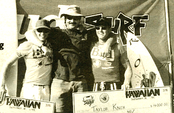 Rusty with two surf contest winners, 1994. "What ruined the surf industry? It was neon."