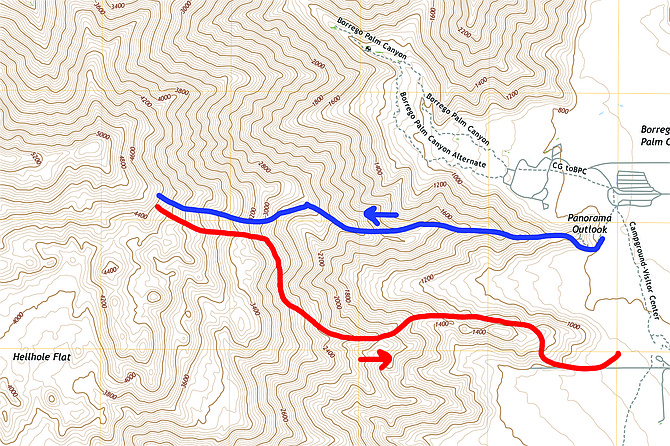 The blue line is the way up, the red line was the wrong turn, aka the “difficult way down.”
