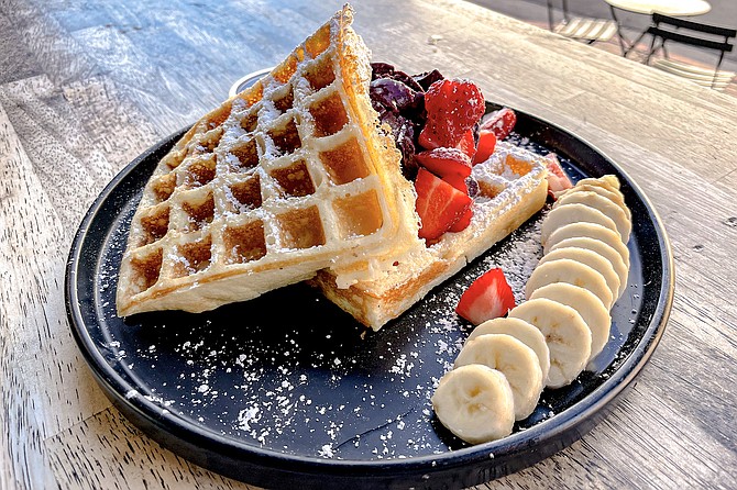 Low calorie, protein-rich Heavenly Waffles — made from a 40-percent yogurt base — served with Acai, banana, and strawberry at Chiefy Café's Gaslamp location