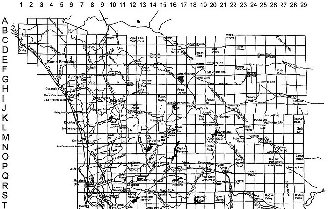 San Diego County Bird Atlas grid. "For the bird atlas we set up our grid and tried to sample each cell to some minimum threshold."