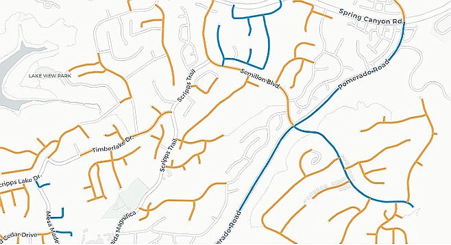 Numerous streets surrounding Scripps Trail (highlighted in orange and blue) have been repaired in recent years.