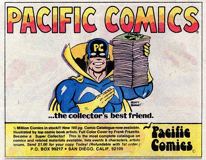 Store mascot Captain Terrific Pacific appeared in advertising and on bus benches all over San Diego in the mid 1970s (design, pencil art, inking, lettering and color guidance by Scott Shaw!)