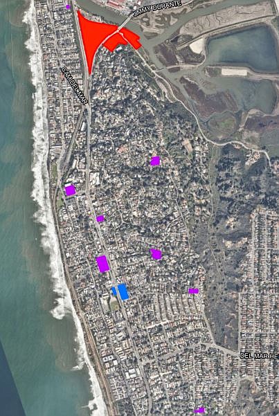 Del Mar commercial and professional commercial zones (shown in blue and purple) could allow 20-50 dwellings, with a 45-foot height.