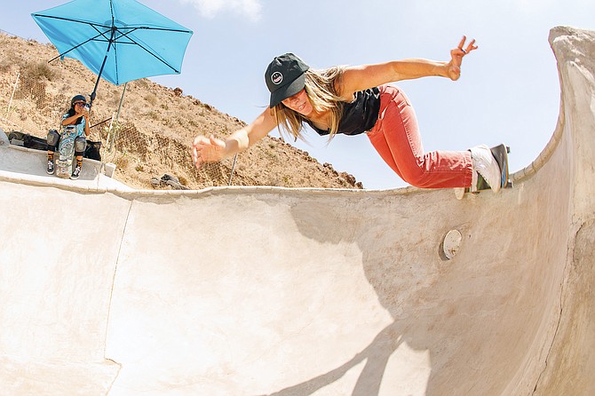 Natalie Krishna Das 50/50 grind over the light at Baja Surf & Skate in La Mision.