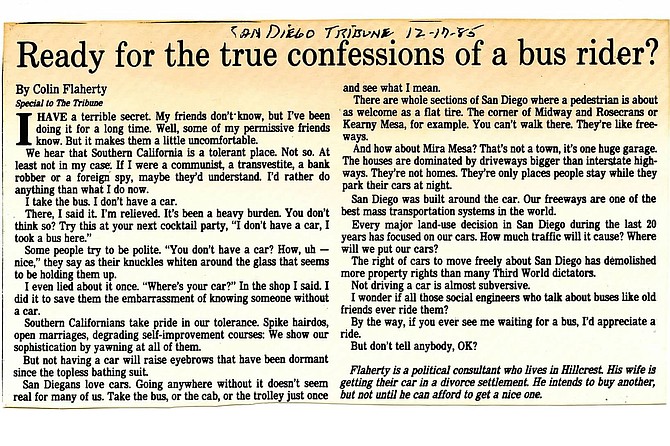 The biographical note at the bottom of a 1985 Evening Tribune column: “Flaherty is a political consultant who lives in Hillcrest. His wife is getting their car in a divorce settlement. He intends to buy another, but not until he can afford to get a nice one.”