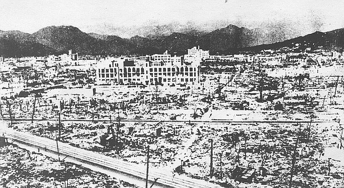 Hiroshima, one mile from ground zero. "We could see that rubble for the most part had been reduced to powder and sucked up into the cloud, just as had so many of the former inhabitants of Hiroshima."