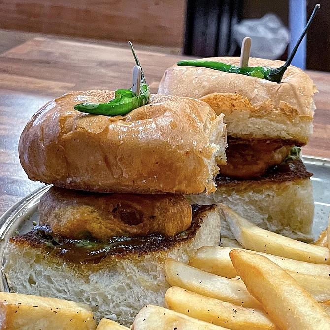 Sliders made with spicy potato fritters and a ginger-tamarind-mint chutney