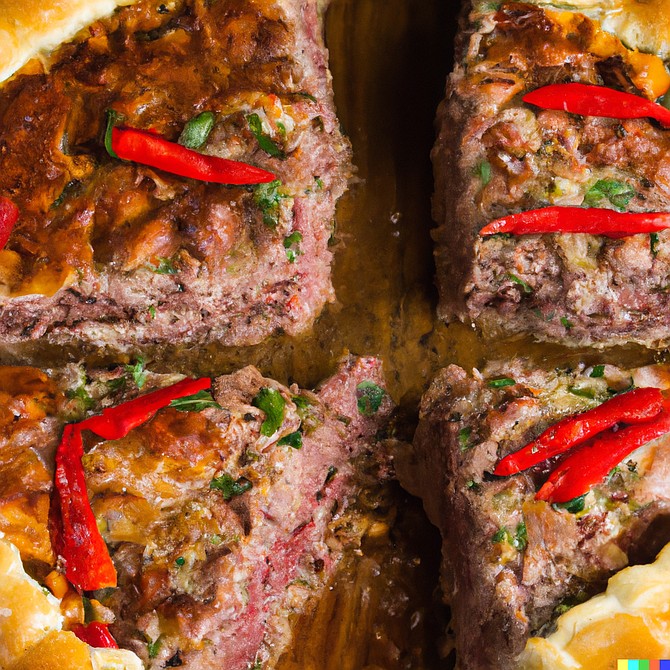 A Dall-E generated image of Lefty’s stuffed crust pizza: “One looked more like a shepherd’s pie than a pizza; another like a thick hunk of meat loaf with a breaded crust, topped by Thai chili peppers for some reason.”