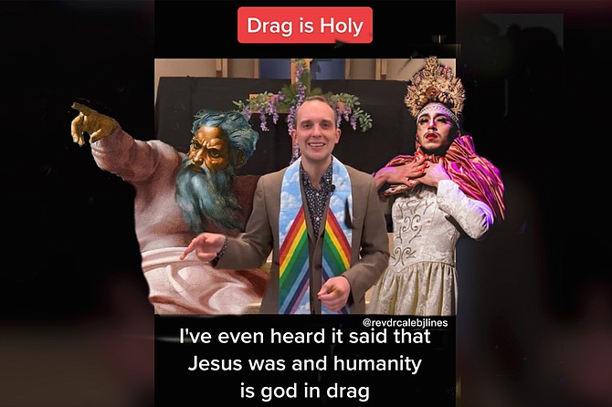The Rev. Dr. Caleb J. Lines, flanked by two persons of the Most Holy Trinity while spreading the super-good news via TikTok. “The Holy Spirit was there as well,” attests Lines, “but you can’t see him because he was moving within me.”