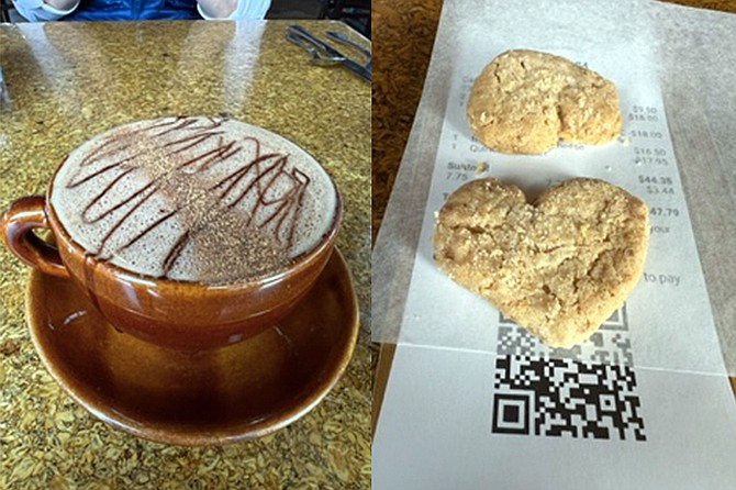 A cinnamon-spiked coffee and heart-shaped shortbread cookies.