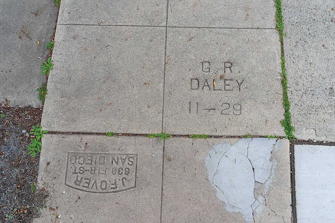 The most prolific sidewalk builder on the Point Loma peninsula, DuVall says, was G.R. Daley. “Sunset Cliffs, Azure Vista and Riviera Villas all went in about the same time and G.R. Daley did almost all of those sidewalks — big, beautiful two-square sidewalks.