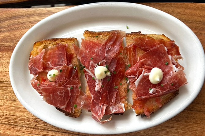 Bruschetta: Spanish ham with a garlicky aioli dollop.